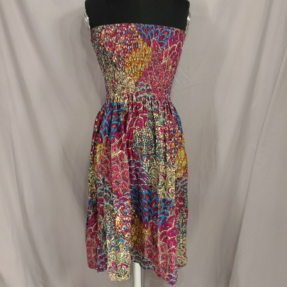 Bright Colorful Strapless Sundress Boho Indian Dress by Cynthia Mehta w Stretch